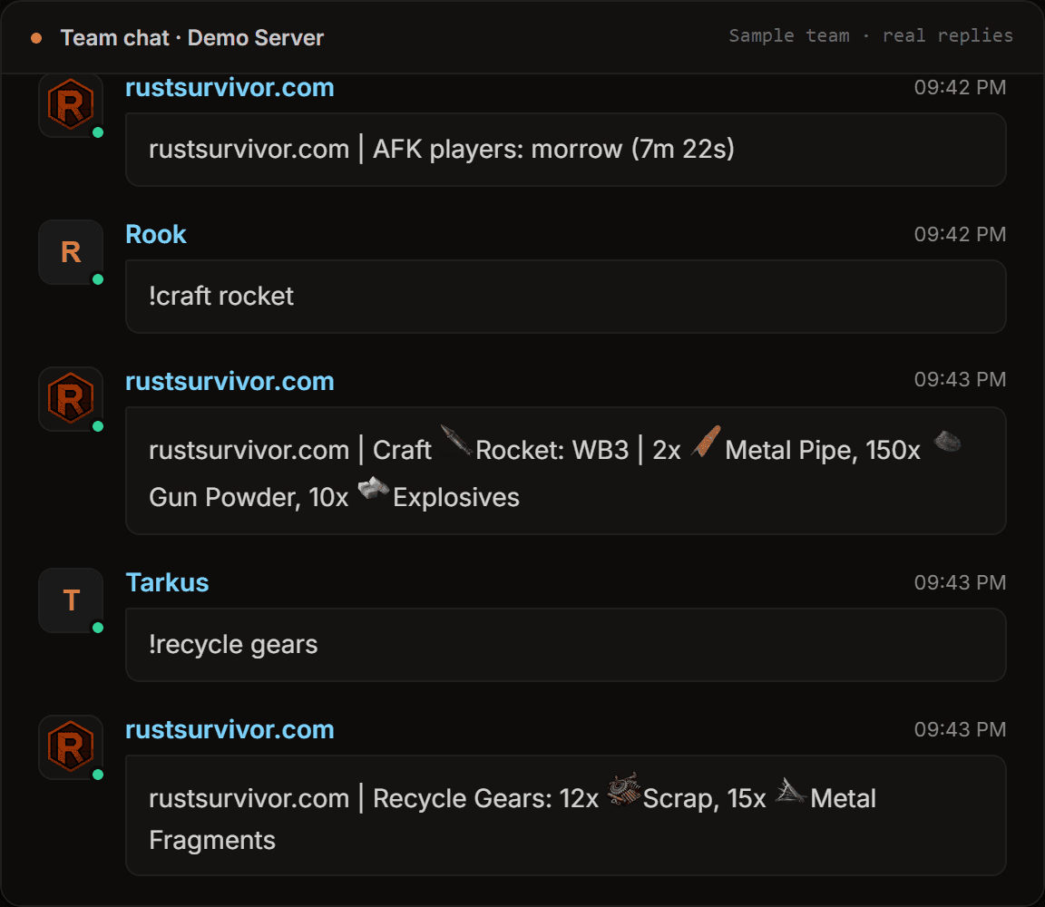 Rust team chat relayed by RustSurvivor: teammates type !craft rocket and !recycle gears and the bot replies with the costs