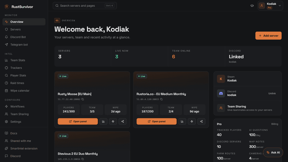 RustSurvivor dashboard overview with three live Rust+ servers, team online count, Discord link and recent activity