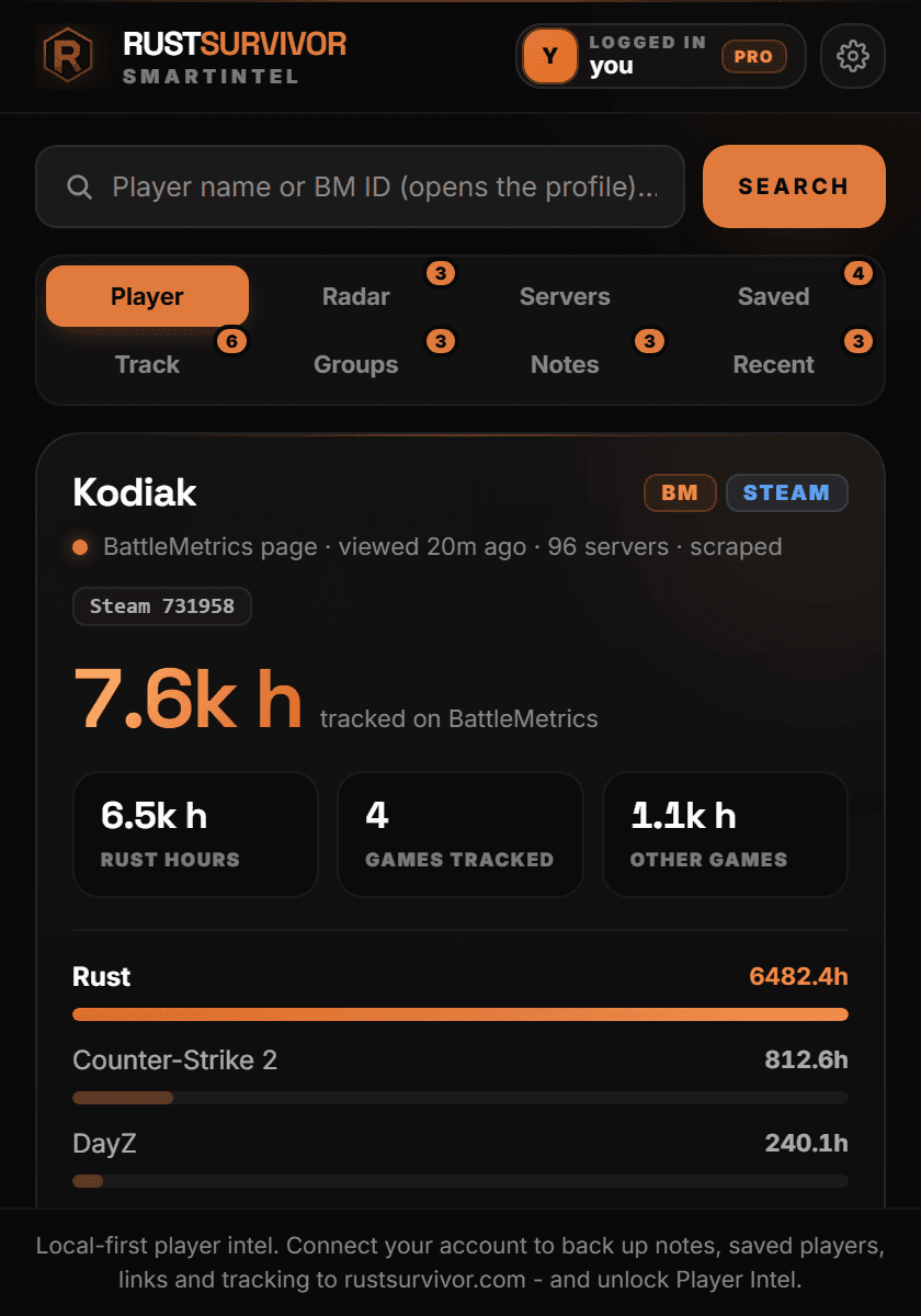 The SmartIntel popup showing a player's tracked hours and games